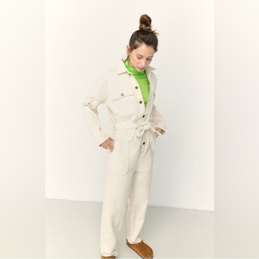 Utility Jumpsuit beige button and tie